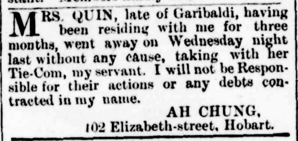 Clipping of a newspaper classified advertisement placed by Ah Chung of Hobart